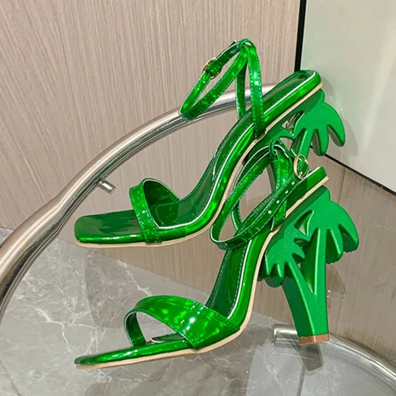 Women's Green Patent Leather Ankle Strap Heels – Square Toe Fretwork Sandals | Party & Fashion Shoes"