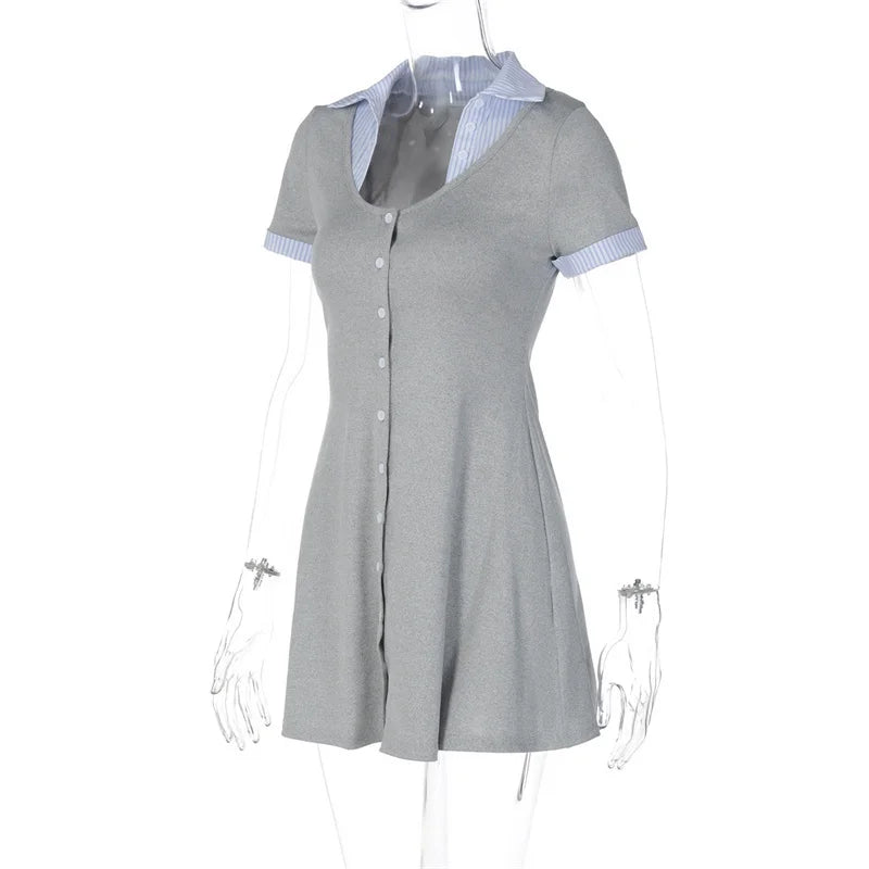 Short Sleeve Mini Dress – Square Neck Patchwork Striped High Waist Slim Fit Dress for Women