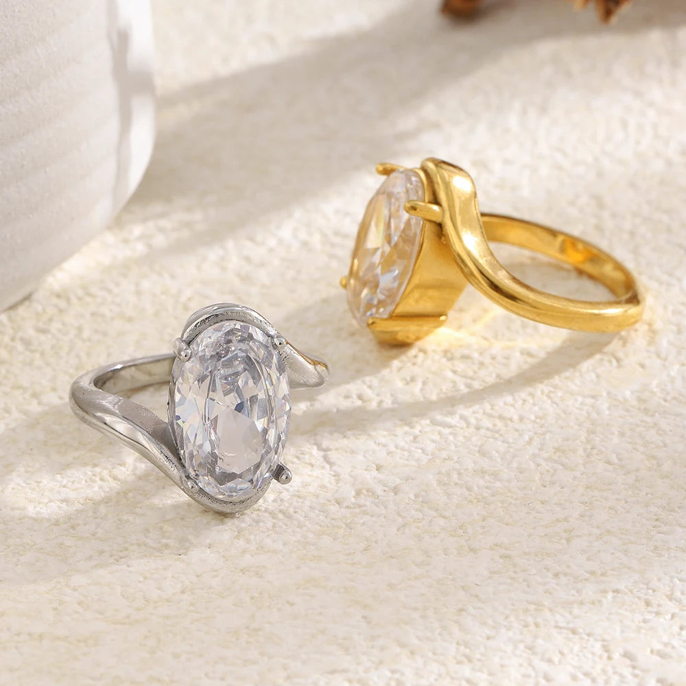 Elliptical Zircon Asymmetric Stainless Steel Women’s Ring – Gold Plated Fashion Jewelry