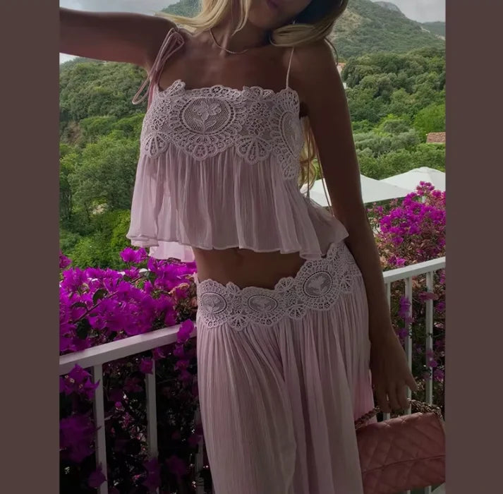 Women's Lace Double Strap Crop Top Two-Piece Set, Boho Sleeveless Flowy