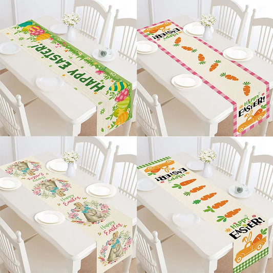 Linen Carrots Rabbit egg Flower Happy Easter Table Runner 2025 Spring Easter Decoration For Home Party Rabbit Dining Table Cloth