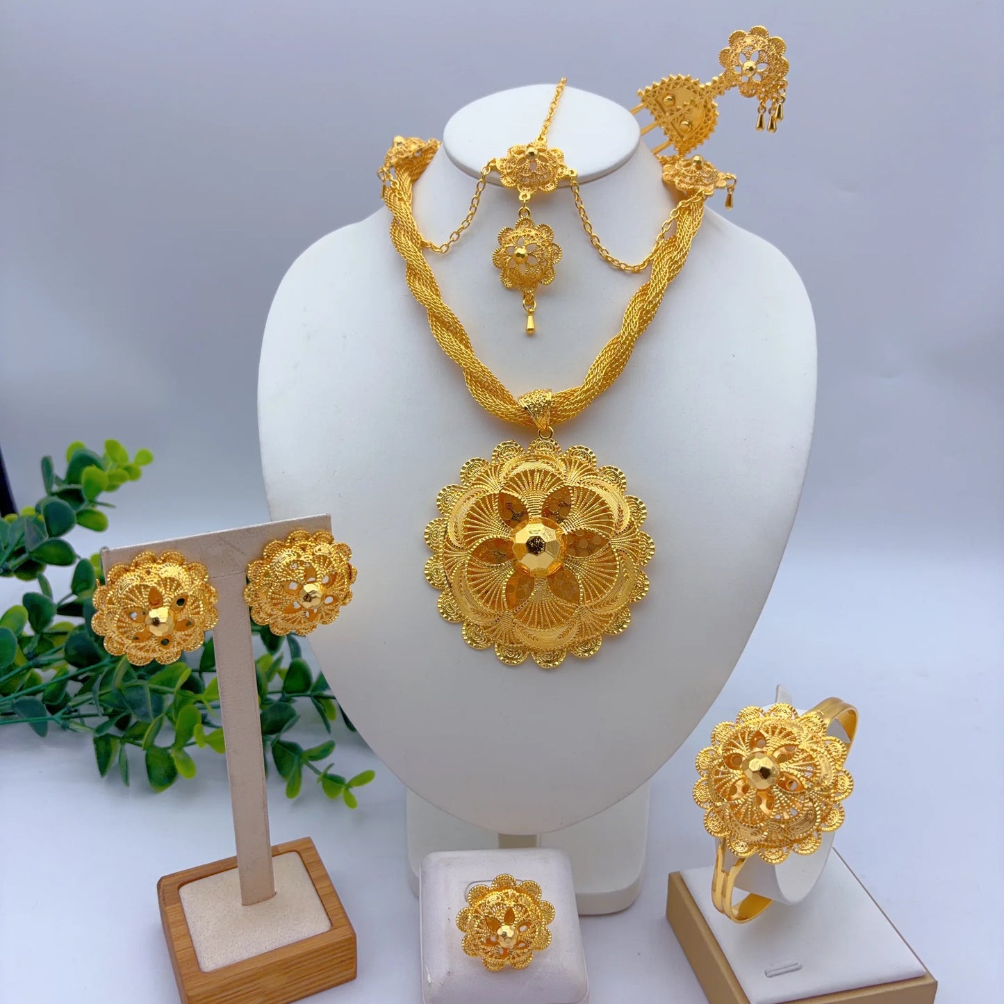 African Ethiopian Eritrean Habesha Dubai 24K Gold-Plated Flower Pendant 6-Piece Jewelry Set