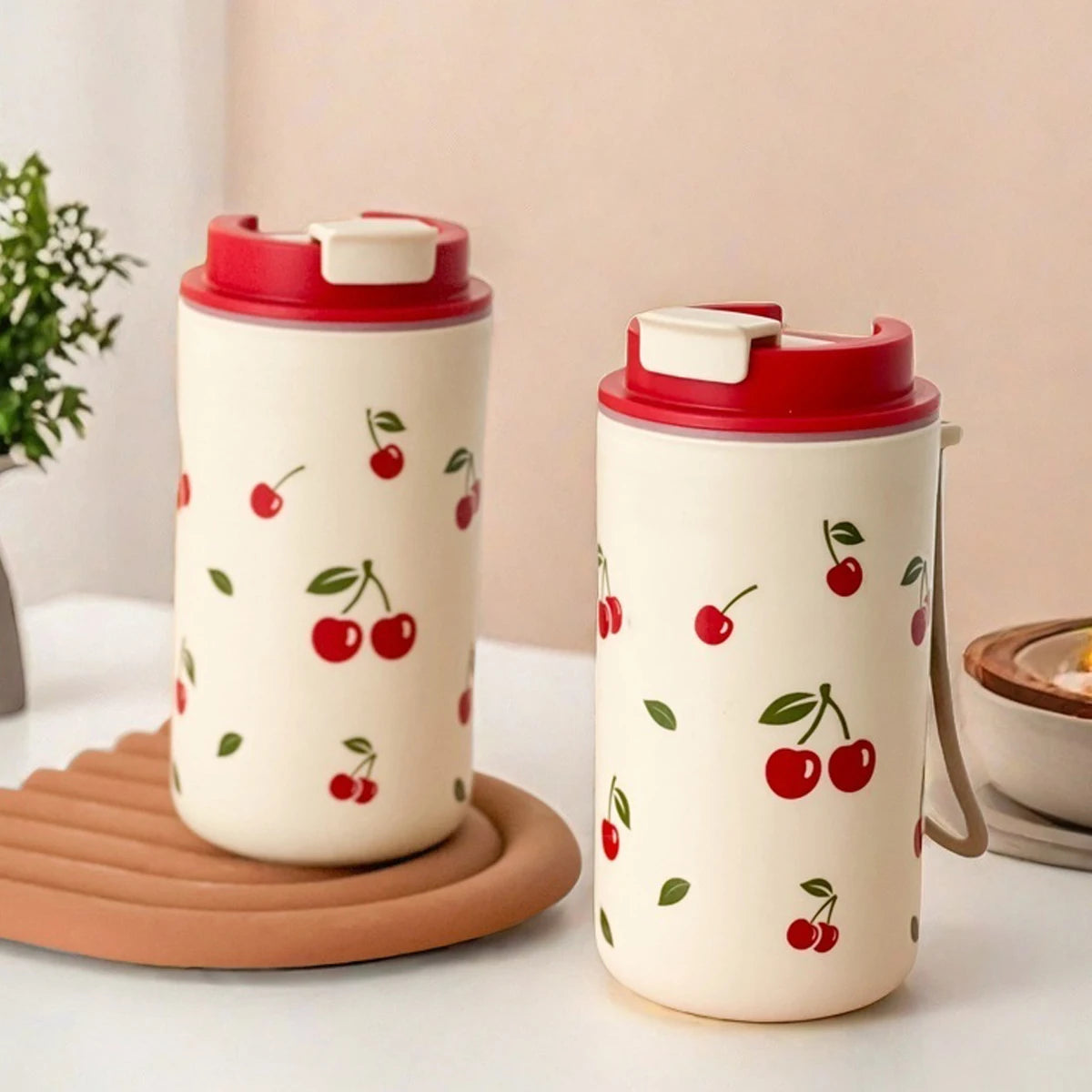 Cherry Pattern Plastic Tumbler Cup with Rope – 350–400ml Reusable Water, Coffee & Milk Mug
