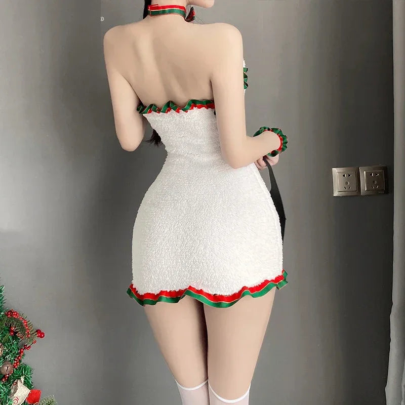 Christmas Bunny Girl Cosplay Costume – Plush Pajama Set with Red & Green Ribbon, Santa-Inspired Holiday Outfit for Women