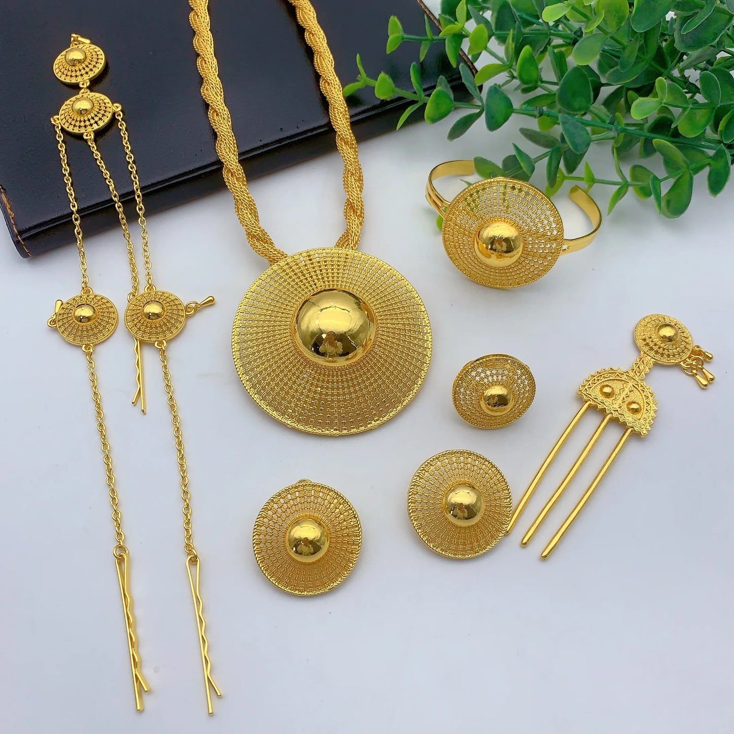 African Ethiopian Eritrean Habesha 24K Gold-Plated Flower Pendant 6-Piece Jewelry Set