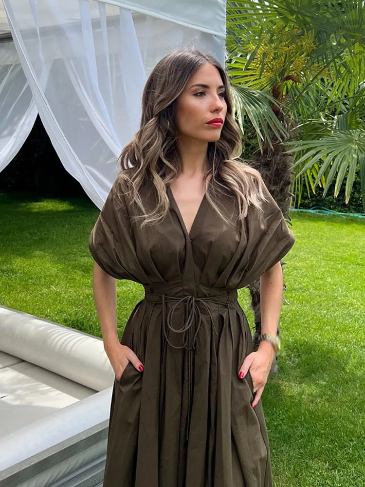 Women's Elegant V-Neck Long Dress – Short Sleeve Lace-Up Bow Waist Casual Dress