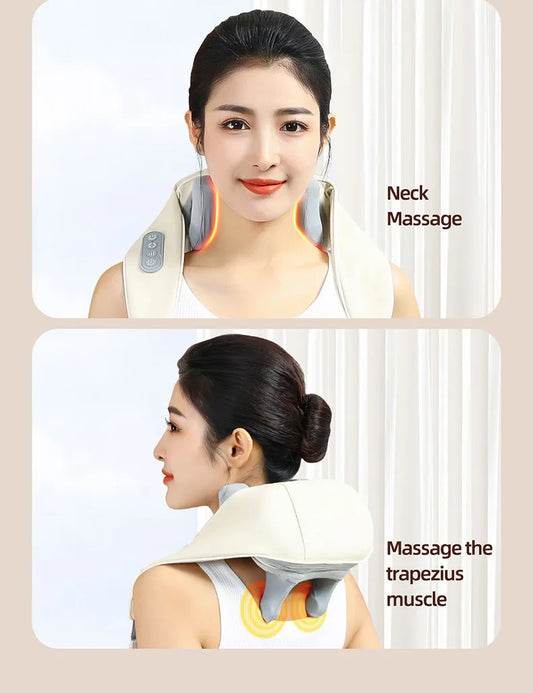 20W Wireless Neck & Shoulder Massager – Beige Kneading Massage Shawl for Back, Cervical & Trapezius