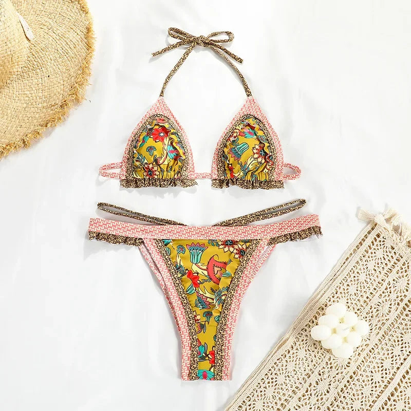 Women’s Printed Bikini Set – Halter Backless Swimwear, Beachwear, Biquini