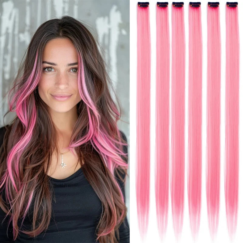 22-Inch Straight Clip-In Synthetic Hair Extensions – Colorful Highlight Hairpiece
