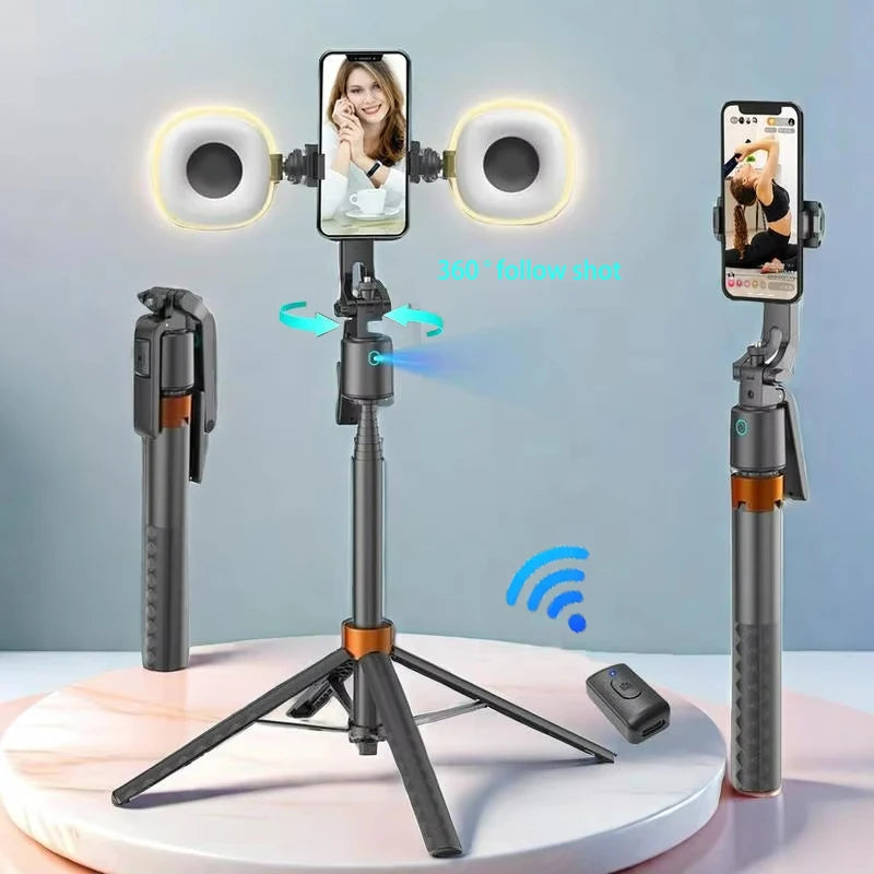 360° Smart Face Tracking Tripod & Selfie Stick, Rechargeable Auto Face Tracking Phone Holder with Dual Fill Lights for Live Streaming, Vlogging, Video Calls & Content Creation