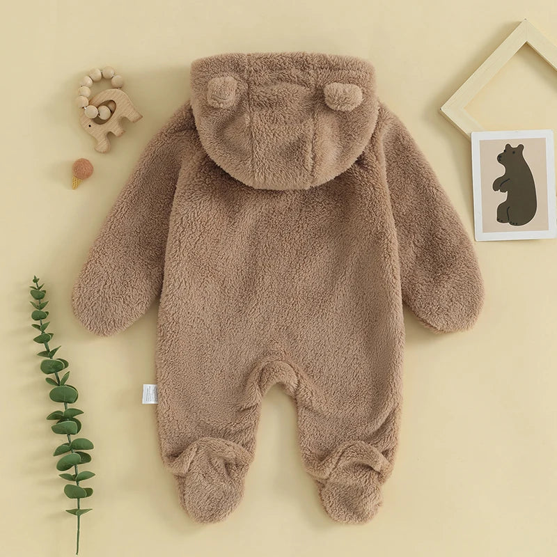 Infant Hooded Winter Romper – Long Sleeve Zipper Jumpsuit for Babies (0–12 Months)