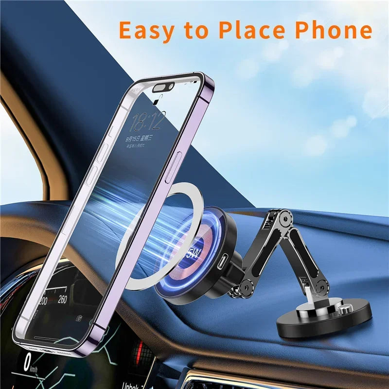 15W Magnetic Wireless Car Charger Mount – Strong MagSafe Phone Holder with 360° Rotation & Fast Charging for iPhone 15/14/13/12