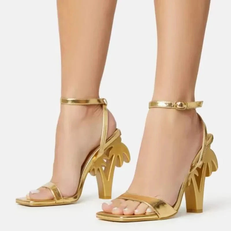 Women's Green Patent Leather Ankle Strap Heels – Square Toe Fretwork Sandals | Party & Fashion Shoes"