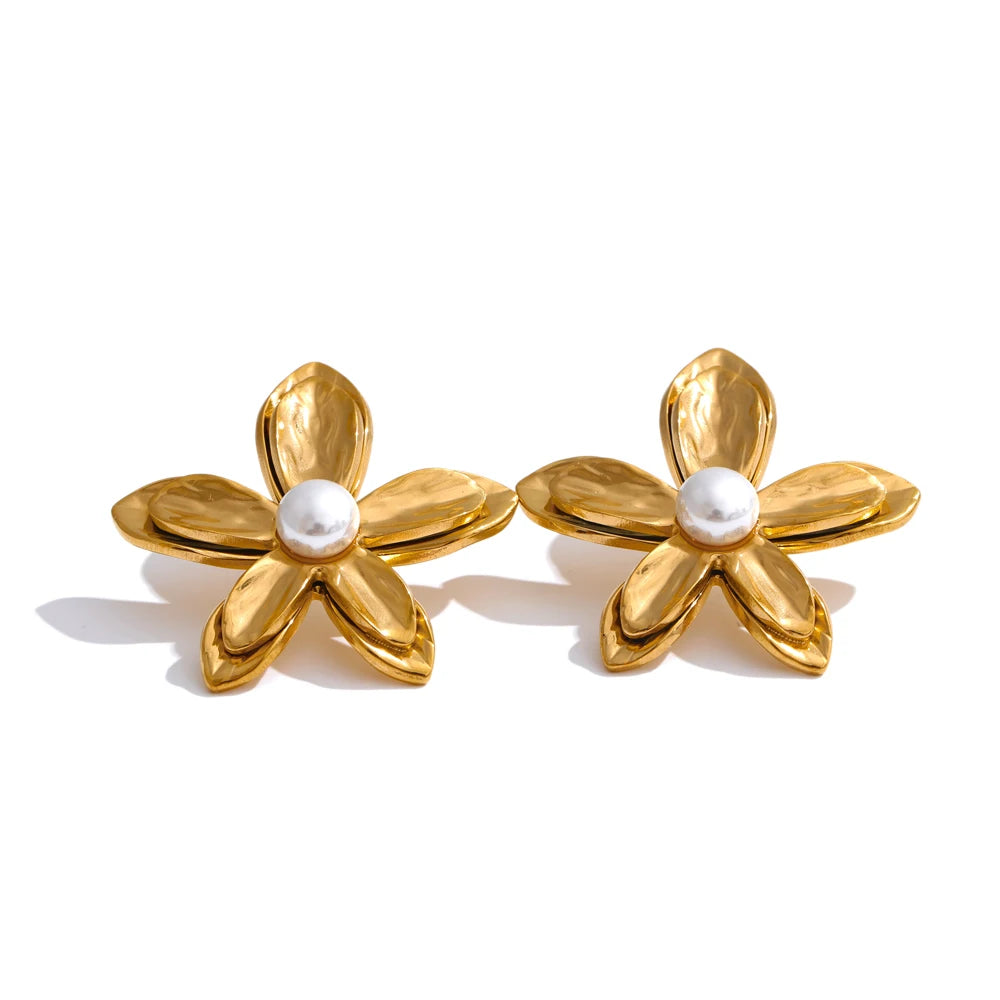 Yhpup Fashion Stainless Steel Metal Flower Pearl Stud Earrings Open Ring 18K PVD Plated Waterproof Charm Daily Jewelry Gift