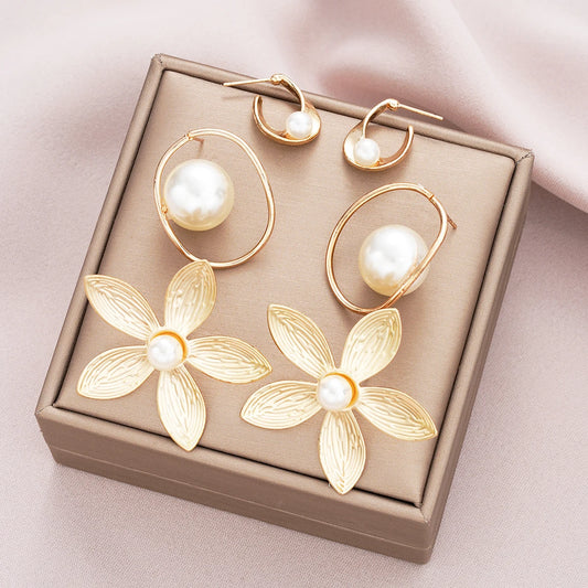 6Pcs Gold Color Floral Pearl Earring Set French Style Vintage Earrings Fashion Female Jewelry Gifts 2025
