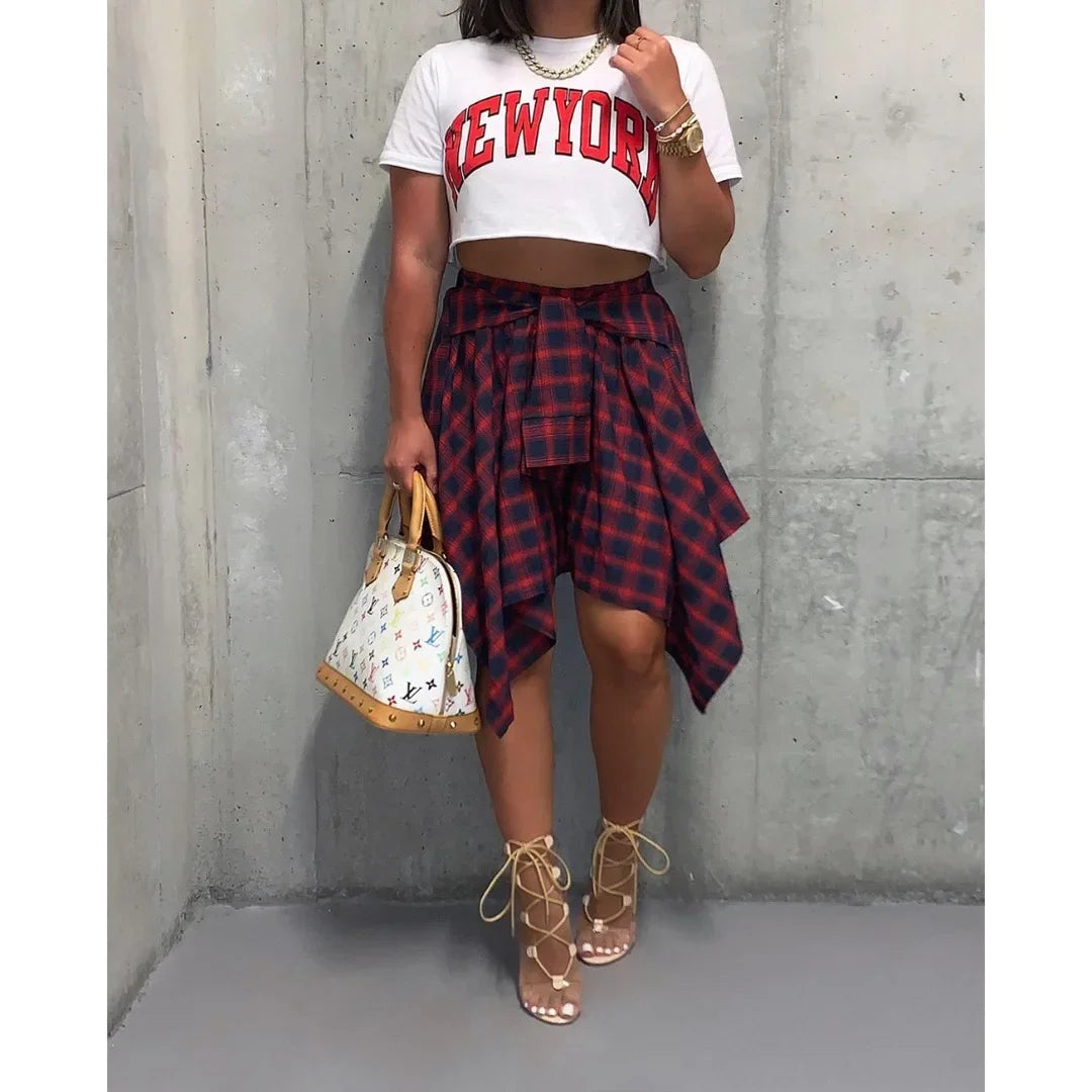 Women Plaid Irregular High Waist Knee-Length Skirt