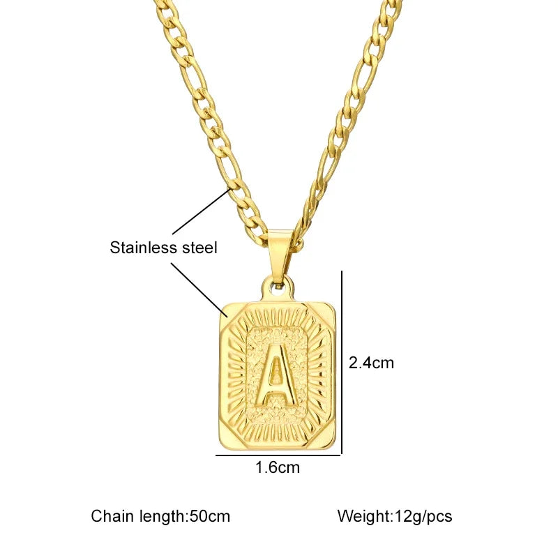 Initial Letter Pendant Necklace – Stainless Steel Cuban Link Chain, Square Charm Alphabet Necklace for Men & Women, Couple Gift Jewelry