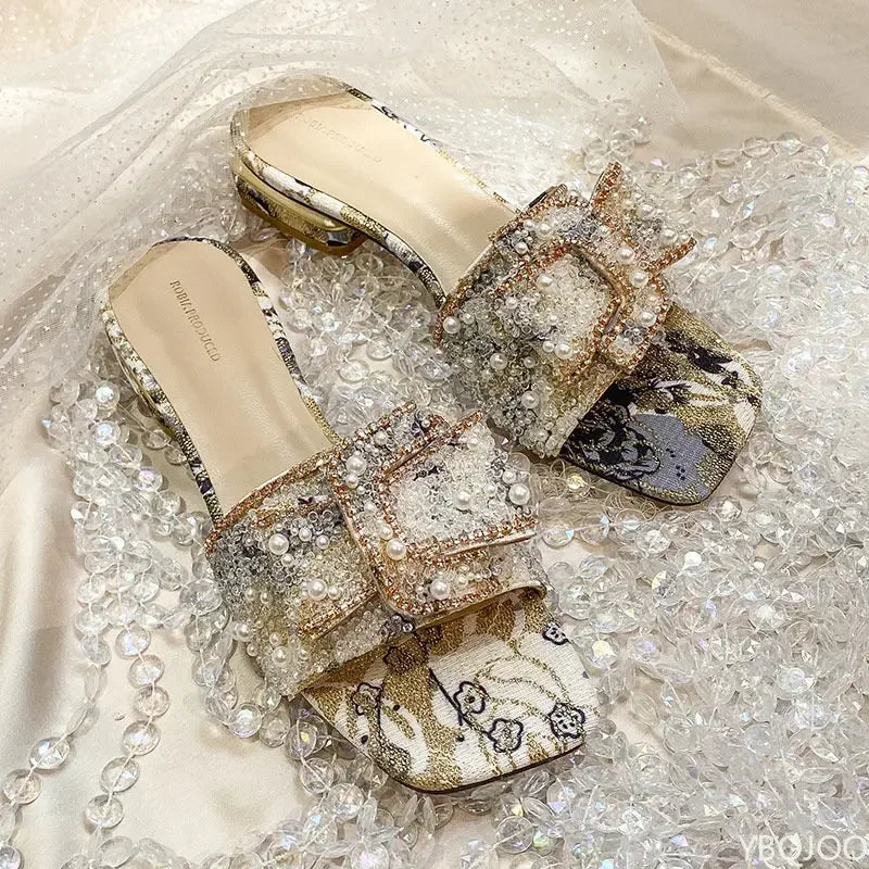 Women’s Slippers 2025 – Luxury Pearl Rhinestone Chunky Heel Sandals, Summer Butterfly-Knot Slip-On Shoes