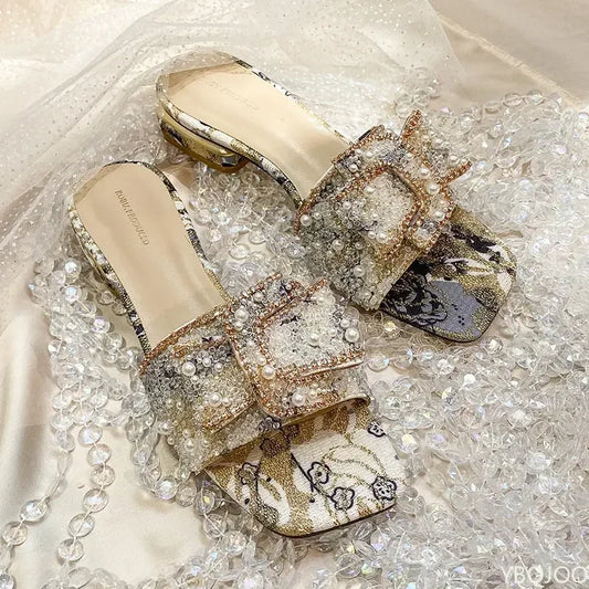 Women’s Slippers 2025 – Luxury Pearl Rhinestone Chunky Heel Sandals, Summer Butterfly-Knot Slip-On Shoes