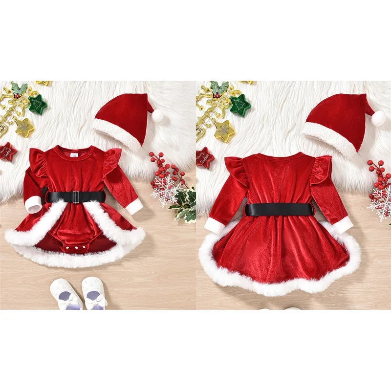 Baby Girl Christmas Outfit – Velvet Romper Dress with Terry Trim, Long Sleeve Jumpsuit & Santa Hat, 0–18 Months, Fall & Holiday Outfit