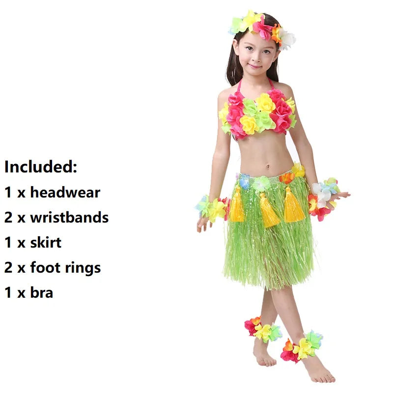 Hawaiian Hula Costume Set for Kids & Teens – Grass Skirt, Top, Flower Lei Necklace, Headband, Anklets & Bracelets (40 cm)