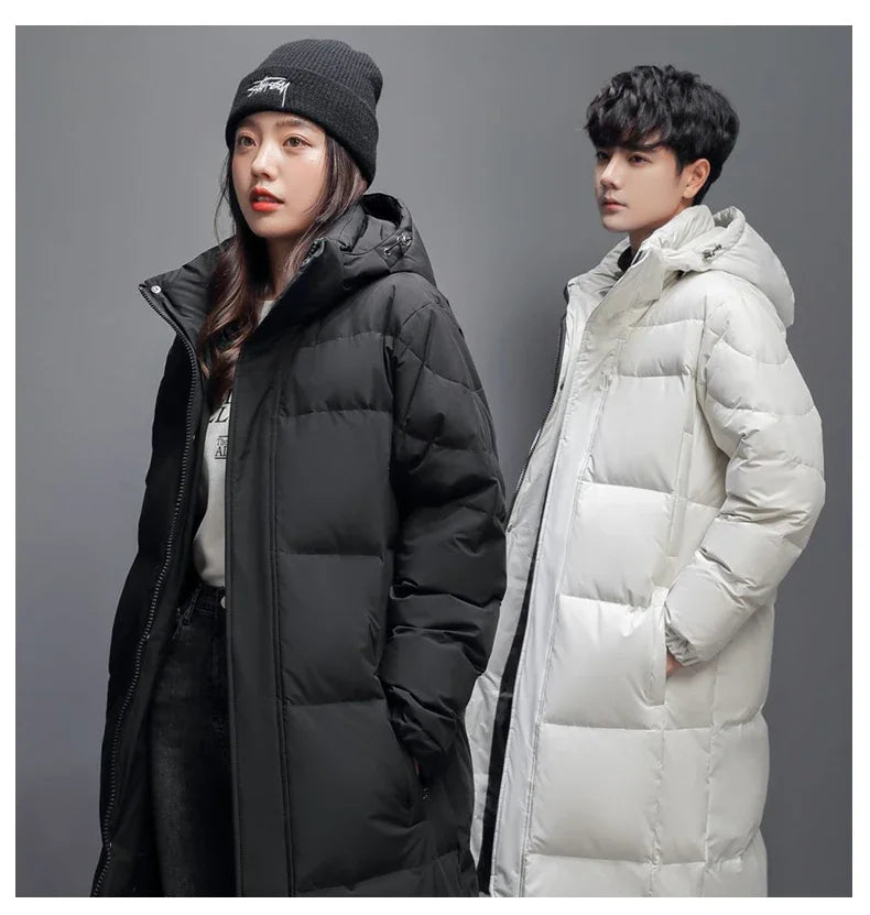 Winter Long White Down Jackets Men Women Hooded Thick Warm Over-the-Knee Puffer Jacket Man Overcoats Couple Padded Down Coat