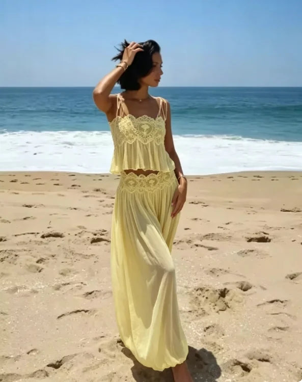 Women's Lace Double Strap Crop Top Two-Piece Set, Boho Sleeveless Flowy