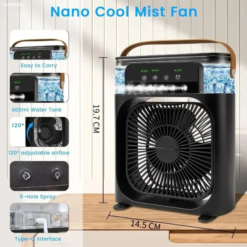 3-in-1 Desktop Air Cooler Fan with Humidifier, LED Light & Timer – Portable USB Spray Fan for Home & Office