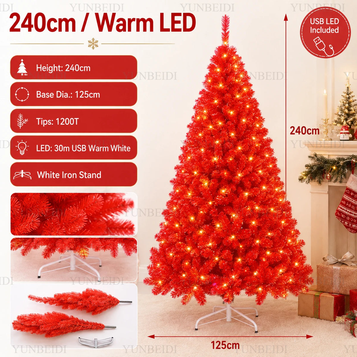 Red Artificial Christmas Tree, 120–240 cm PVC Holiday Tree with Optional Warm White USB LED Lights for Indoor Decorating