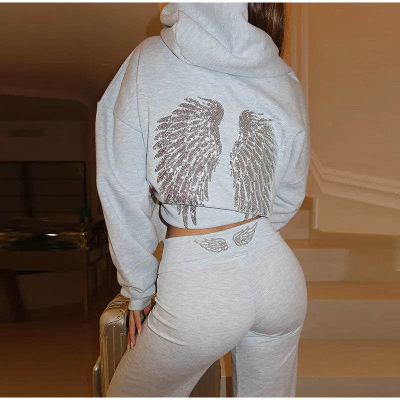 Women’s Sequined Wing Hooded Sweatshirt, Casual Long Sleeve Loose Fit Hoodie