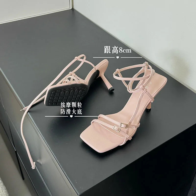 Women's Thin Heel Sandals – Ankle Buckle, Square Toe, Shallow Pumps, Fashion High Heels Footwear
