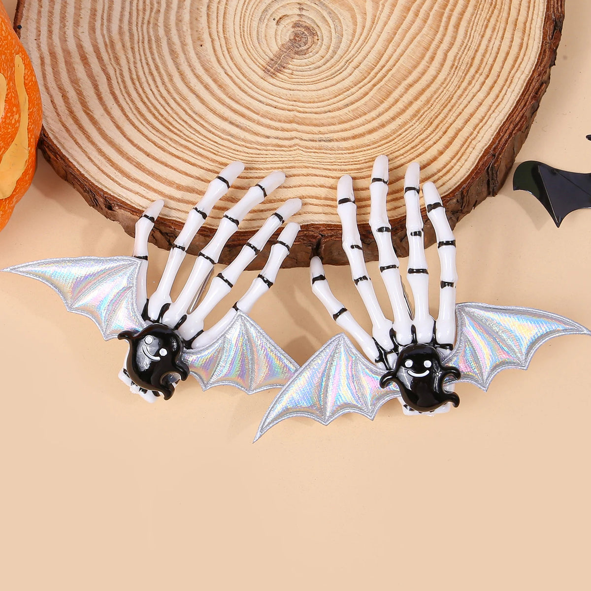Halloween Skeleton Hand Hair Clips with Bat Wings, Pumpkin and Ghost Details for Gothic Hairstyles, Cosplay Costumes and Themed Parties