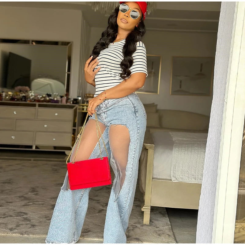 Women’s High-Waist Distressed Denim Jeans with Sheer Mesh Knee Panels – Trendy Streetwear Pants | Italian Street Style