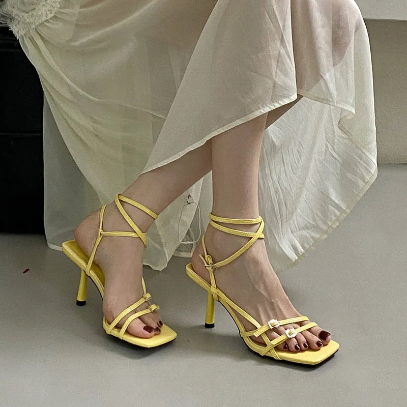 Women's Thin Heel Sandals – Ankle Buckle, Square Toe, Shallow Pumps, Fashion High Heels Footwear