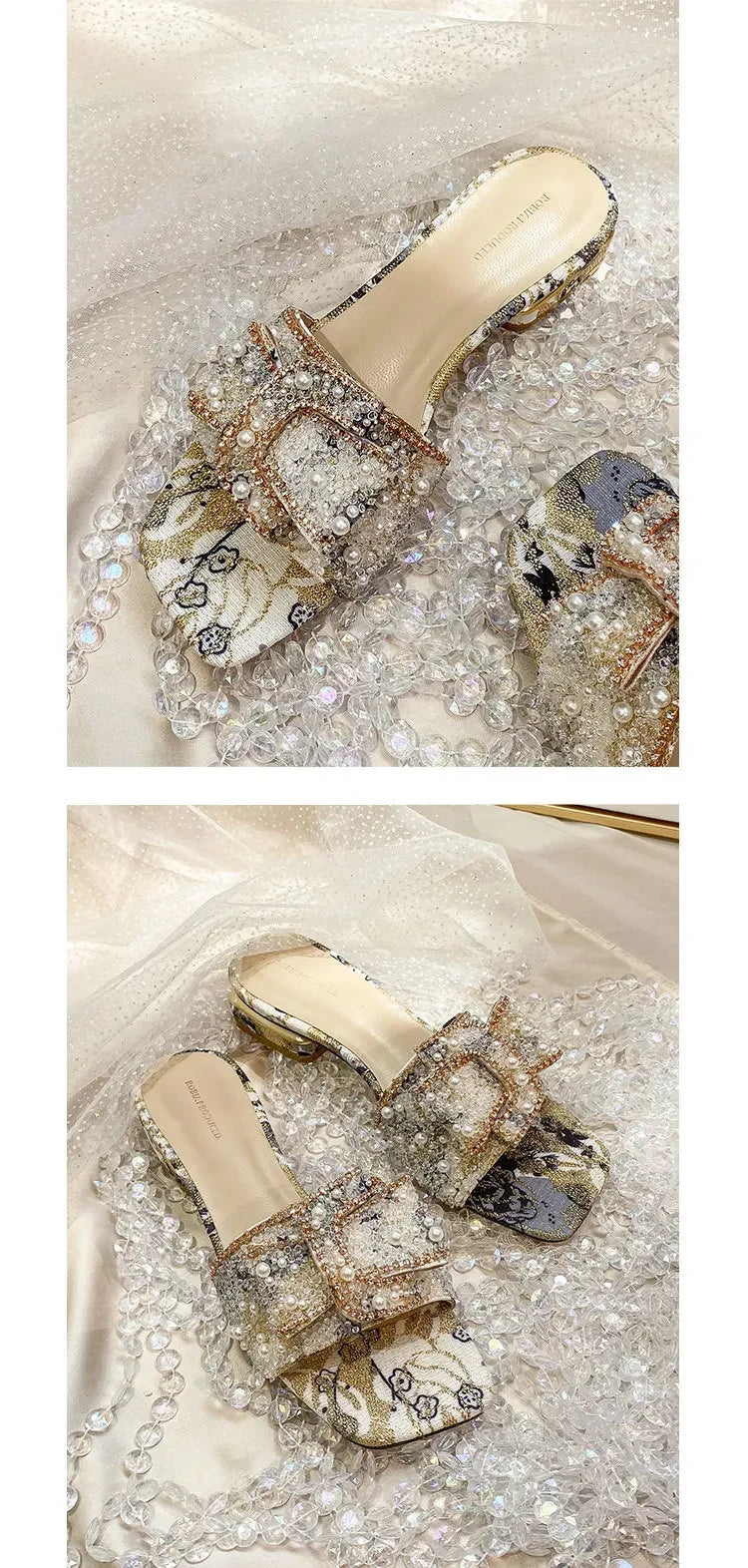 Women’s Slippers 2025 – Luxury Pearl Rhinestone Chunky Heel Sandals, Summer Butterfly-Knot Slip-On Shoes