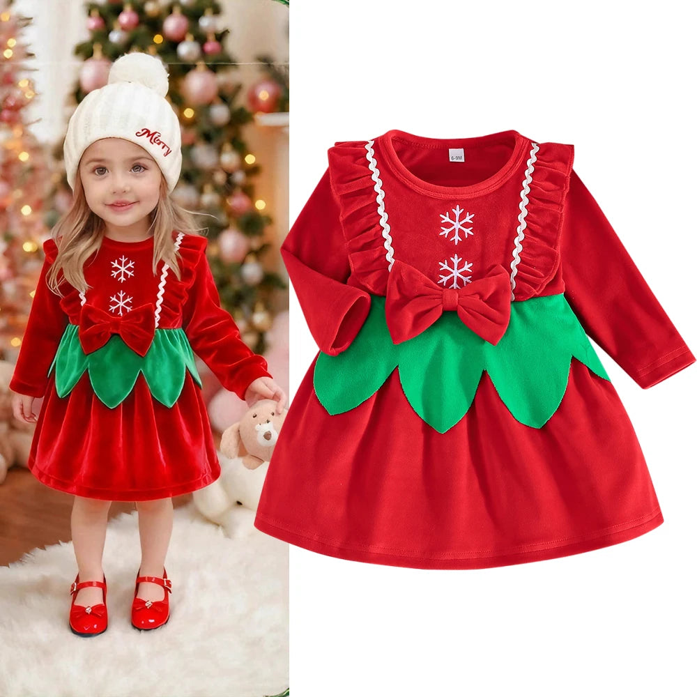 Baby Girl New Year Dress – Green Christmas Tree Print Outfit, “My First New Year” Costume for Newborns & Toddlers