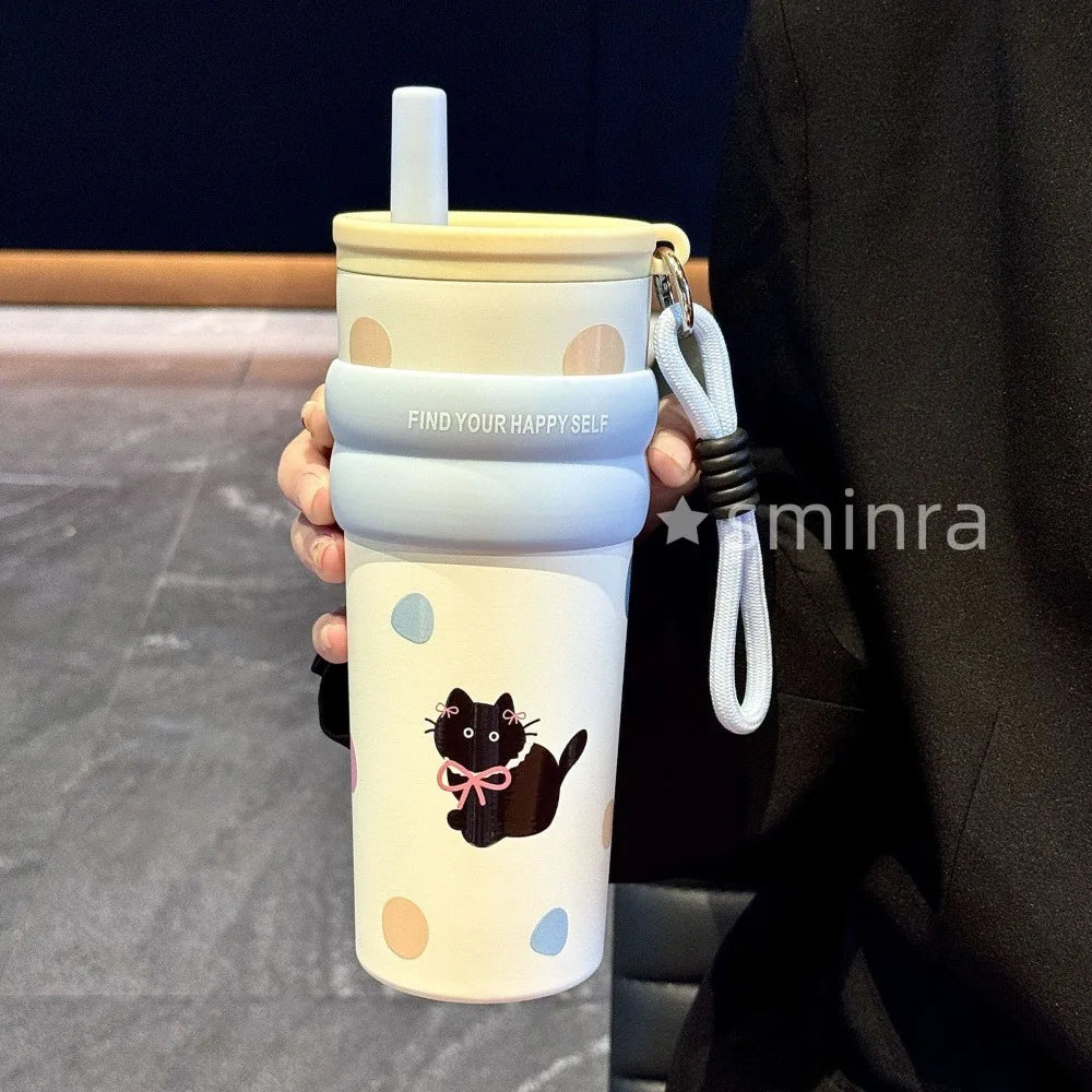 Cute Cat Bow Insulated Water Bottle with Straw – 710ml Stainless Steel Thermal Tumbler with Ceramic Lining, Travel Mug for Tea, Coffee & Cold Drinks