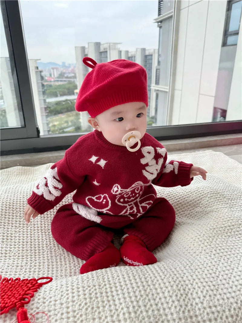 New Year Matching Family Red Chinese Sweater Father Mother and Daughter Son Snake Knit Jumper Infant Baby Knit Romper