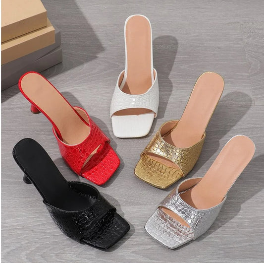 Women’s High Heels Slippers Summer Fashion Square Toe Flip Flops Sandals Design Open Toe