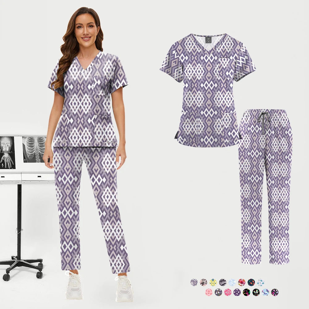 Women's Trendy Print Medical Scrub Set – Stretchy, Soft Hospital Uniform with Top and Pants – Ideal for Nurses, Doctors, and Veterinary Clinics