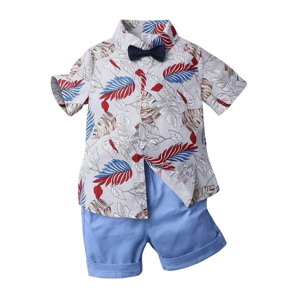 Baby Boys Floral Shirt & Shorts Set with Bowtie, Summer Gentleman Outfit for Infants and Kids