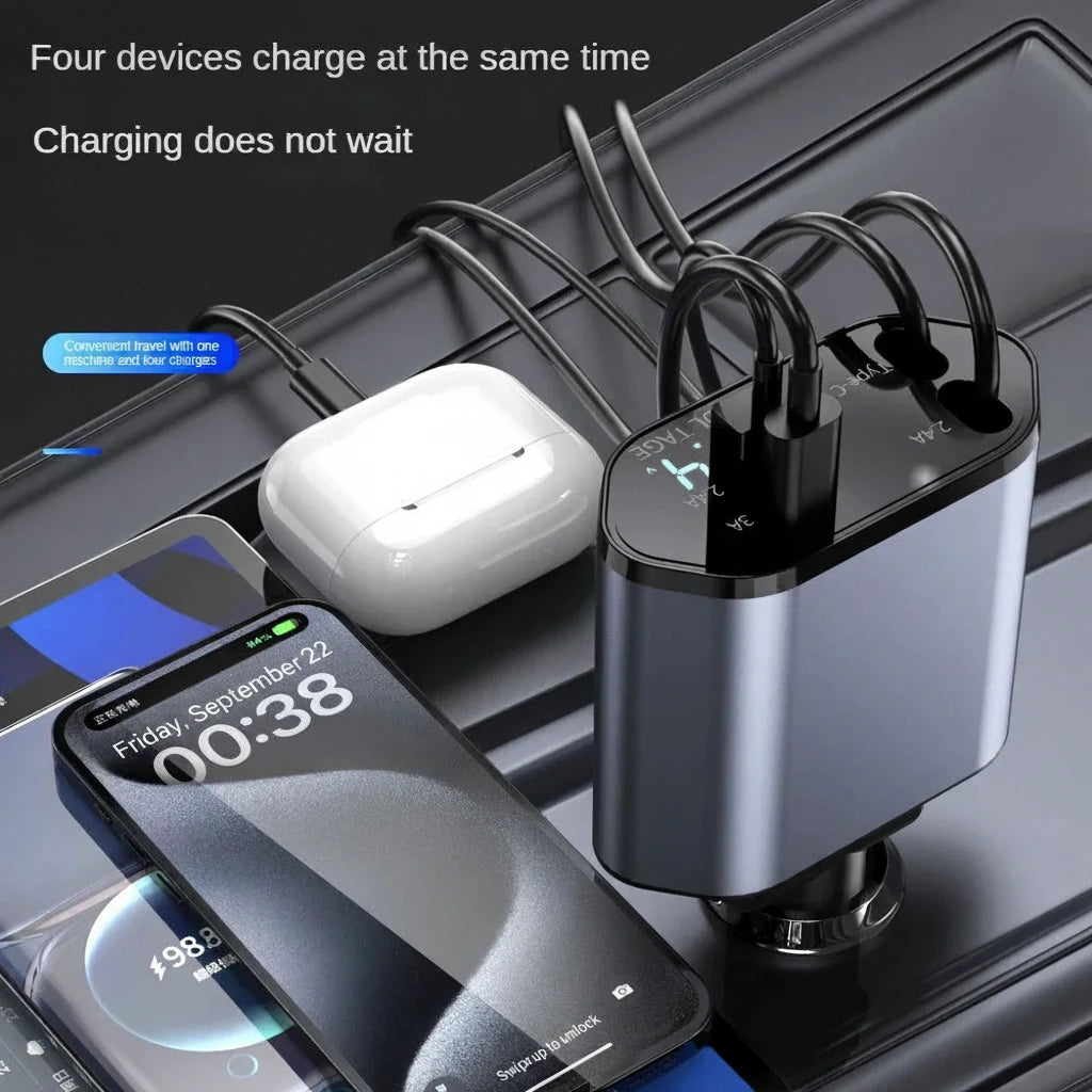 Retractable Car Charger 4-in-1 Fast Charging Adapter 120W