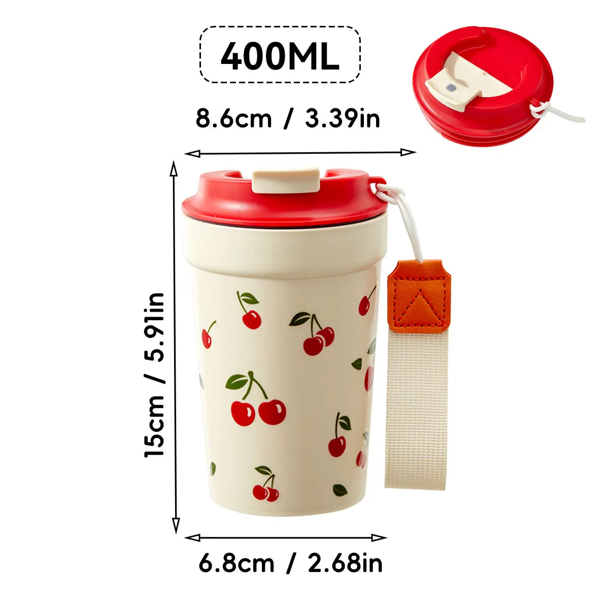 Cherry Pattern Plastic Tumbler Cup with Rope – 350–400ml Reusable Water, Coffee & Milk Mug