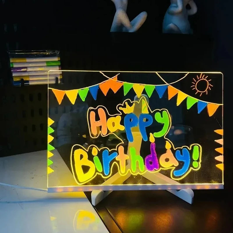 LED Acrylic Drawing Board for Kids – Glow Erasable Writing & Doodle Board with Stand, Reusable Memo Board, DIY Creative Toy, 7 Color Marker Pens