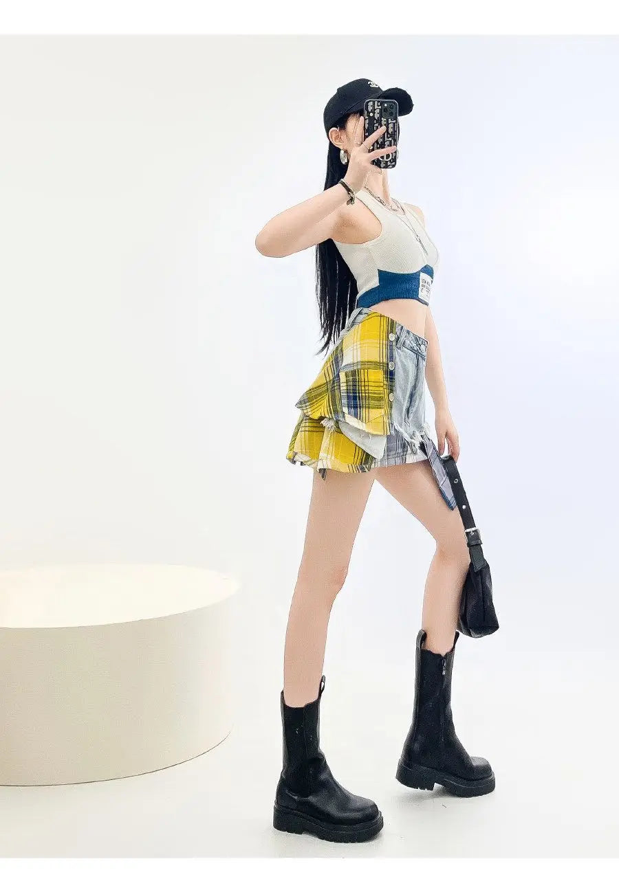 Vintage Plaid Denim Splicing Asymmetrical A-Line Mini Skirt