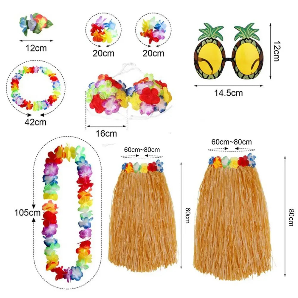 8-Piece Hawaiian Hula Costume Set – Grass Skirt, Flower Lei Necklace, Headband, Anklets & Bracelets for Parties and Dress-Up