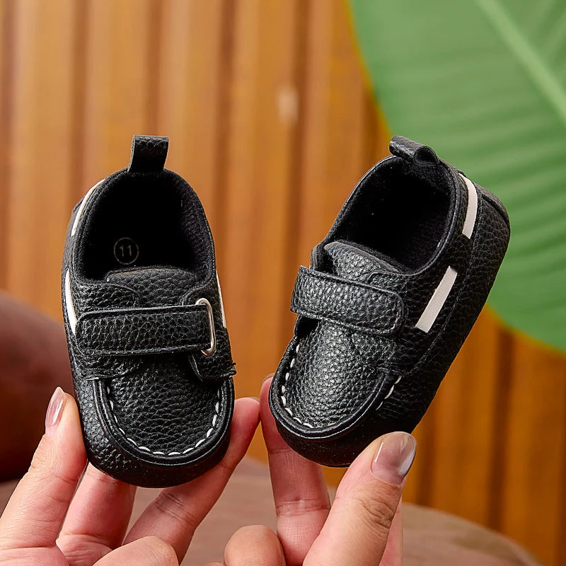 Baby Soft-Sole Loafer Shoes with Hook-and-Loop Straps, PU Leather Prewalker Moccasin Style