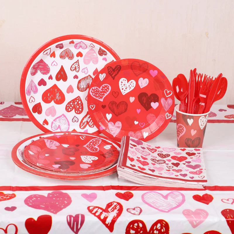 Love Heart Disposable Tableware Set – Paper Plates, Cups, Napkins & Tablecloth for Valentine’s Day, Wedding, Anniversary & Party Decor