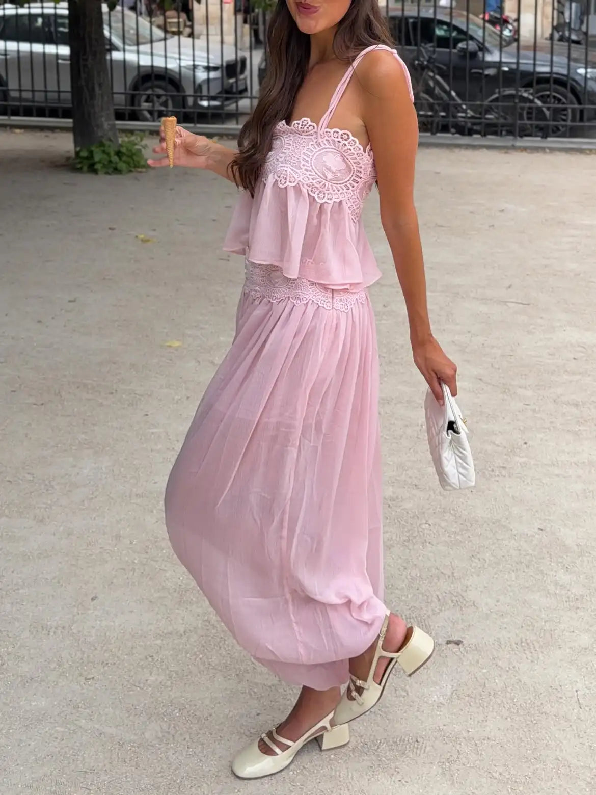 Women's Lace Double Strap Crop Top Two-Piece Set, Boho Sleeveless Flowy