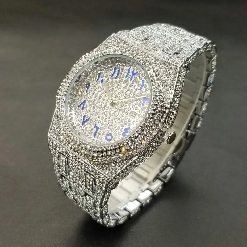 MISSFOX Luxury Diamond Iced Out Men's Quartz Watch, Arabic Numerals Waterproof